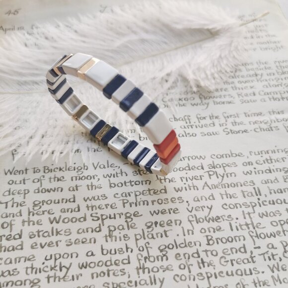 Roxanne Assoulin Project Stripe Navy White Gold Enameled Stretch Bracelet - Picture 2 of 4
